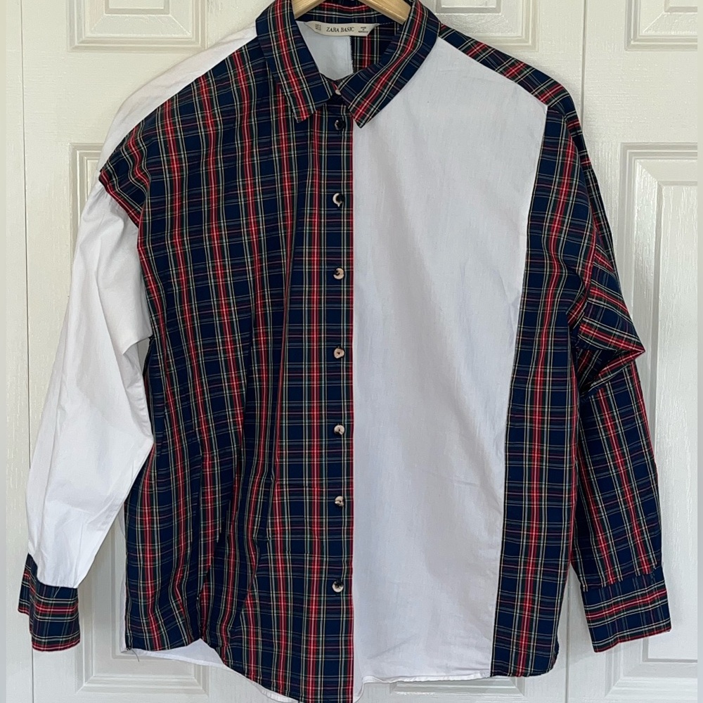 Zara Colorblock blouse, mixed media tartan button down, oversized split plaid L